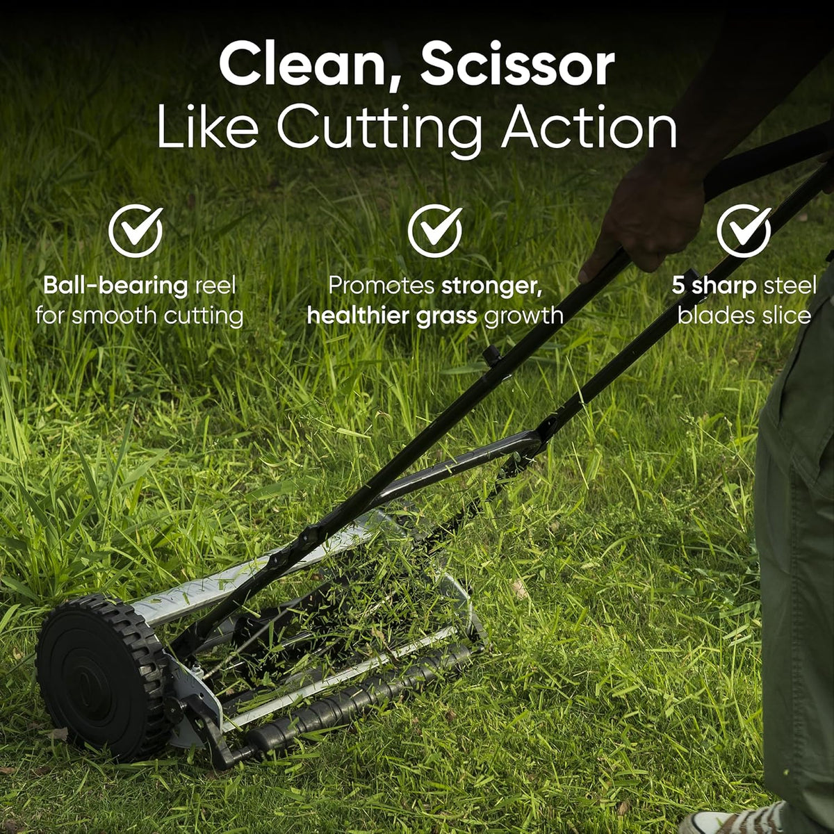16" Push Reel Lawn Mower – Manual 5-Blade Hand Mower with Adjustable 3-Position Cutting Height
