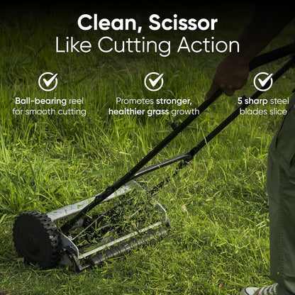 16" Push Reel Lawn Mower – Manual 5-Blade Hand Mower with Adjustable 3-Position Cutting Height