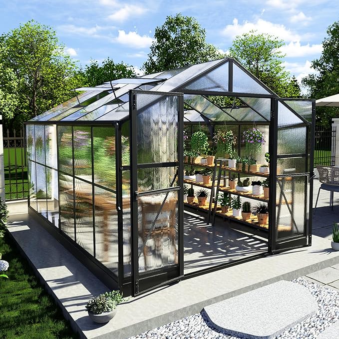 AMERLIFE 8x12x7FT Polycarbonate Greenhouse, Walk in Greenhouse with Quick-Connect System, Green