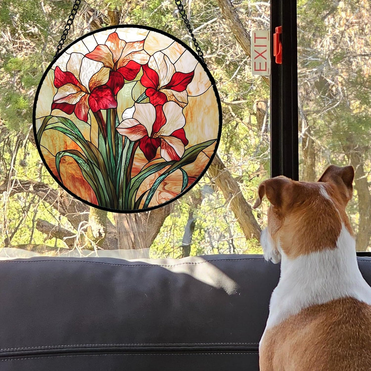 Stained Glass Window Hanging - Red Gladiolus Flower Suncatcher for Door Yard Sun Catchers Decor