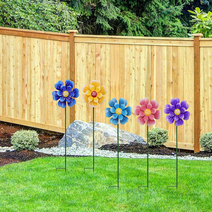 Metal Flower Wind Spinner Garden Lawn Stakes Yard Art, 27 Inch Windmill Outdoor Garden Iron
