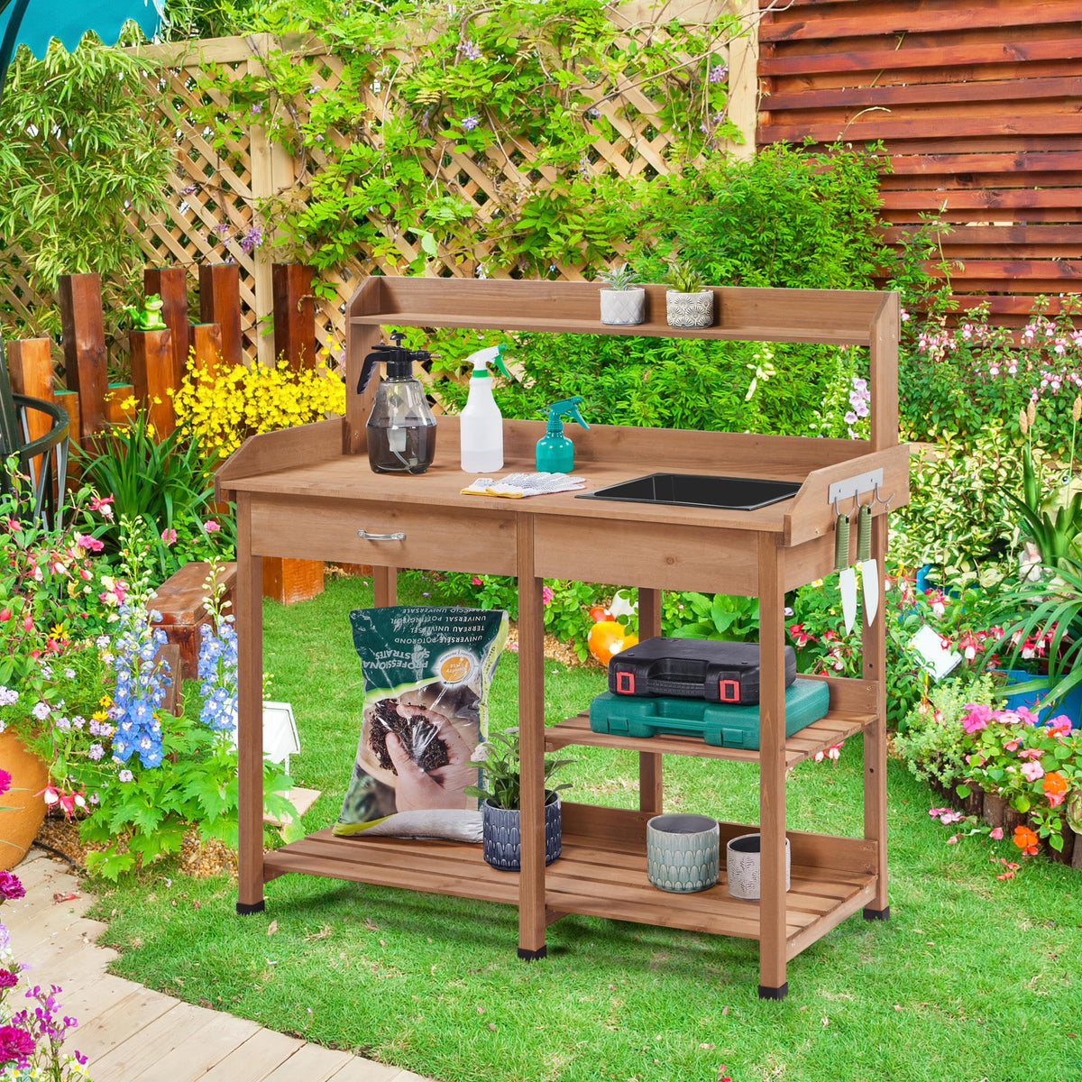 Yaheetech Potting Bench with Sink & Drawer, Outdoor Gardening Table, Brown