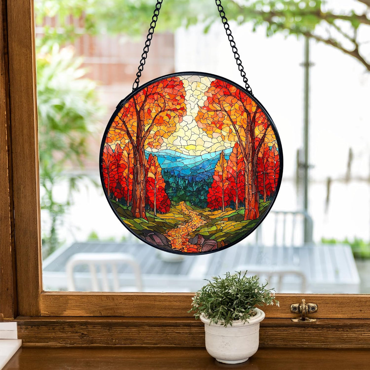 TNUW Fall Forest Stained Glass Window Hanging, Rustic Autumn Landscape Sun Catchers Indoor Window