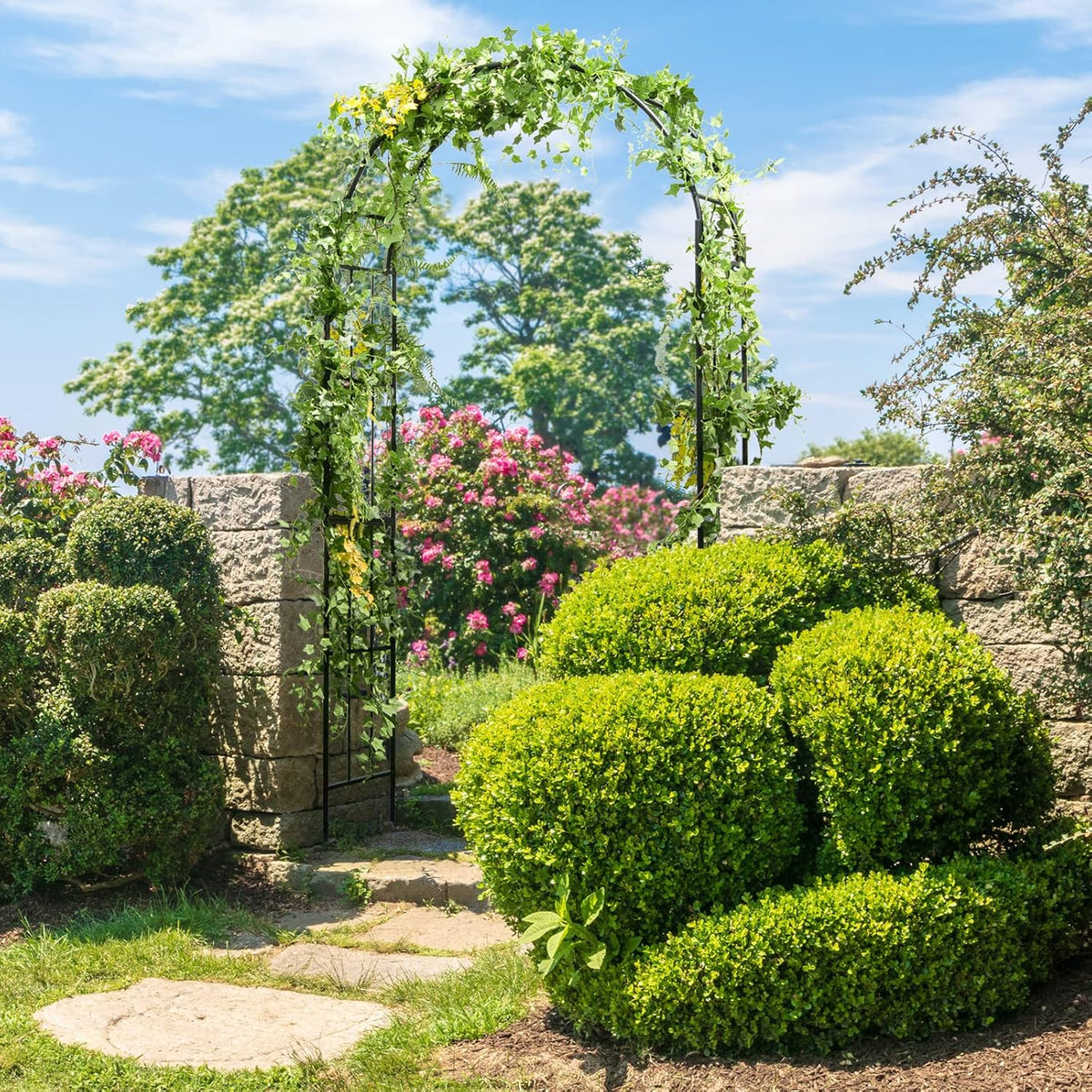 HAPPYGRILL Garden Arch, Garden Arbor with Trellis, Outdoor Garden Arbor with Stakes, Metal Garden