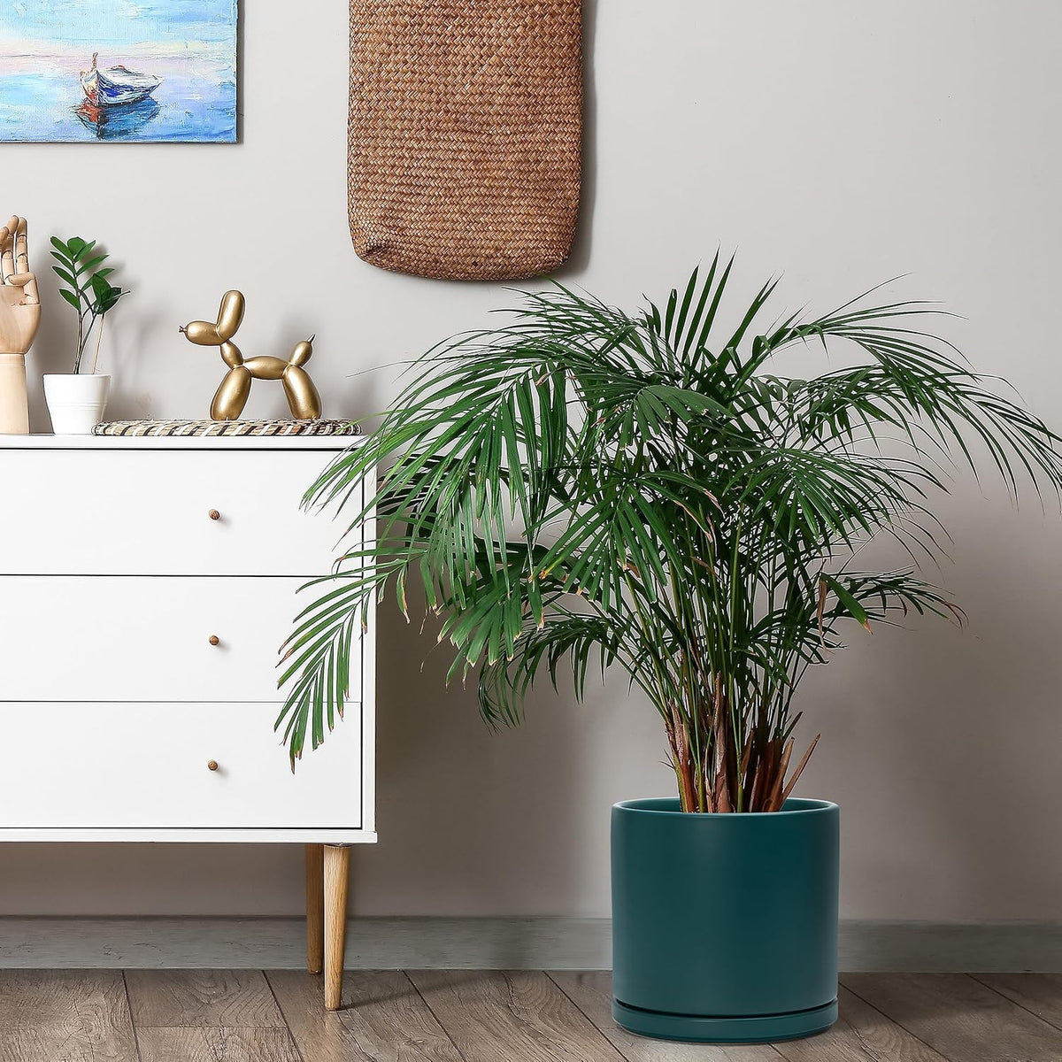 D'vine Dev 10 Inch Ceramic Planter Pot with Drainage Hole and Saucer, Indoor Cylinder Round Planter