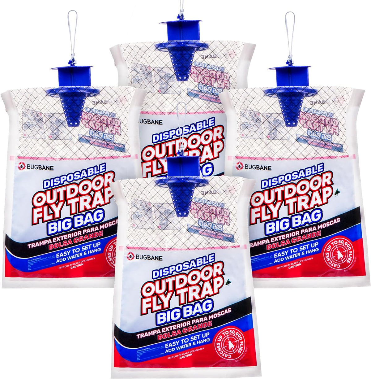 Fly Traps Outdoor Fly Trap for Patio. 4 Large Non-Toxic Pre-Baited Flies Bags Outdoor Disposable.