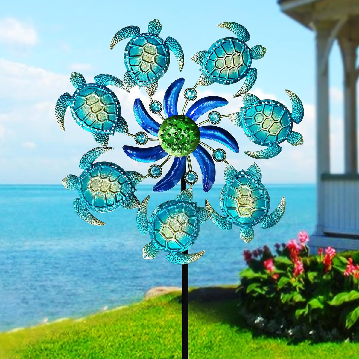 Green Sea Turtle Wind Spinners Garden Stake, 39" Turtles Wind Spinner Outdoor Decorations- Metal