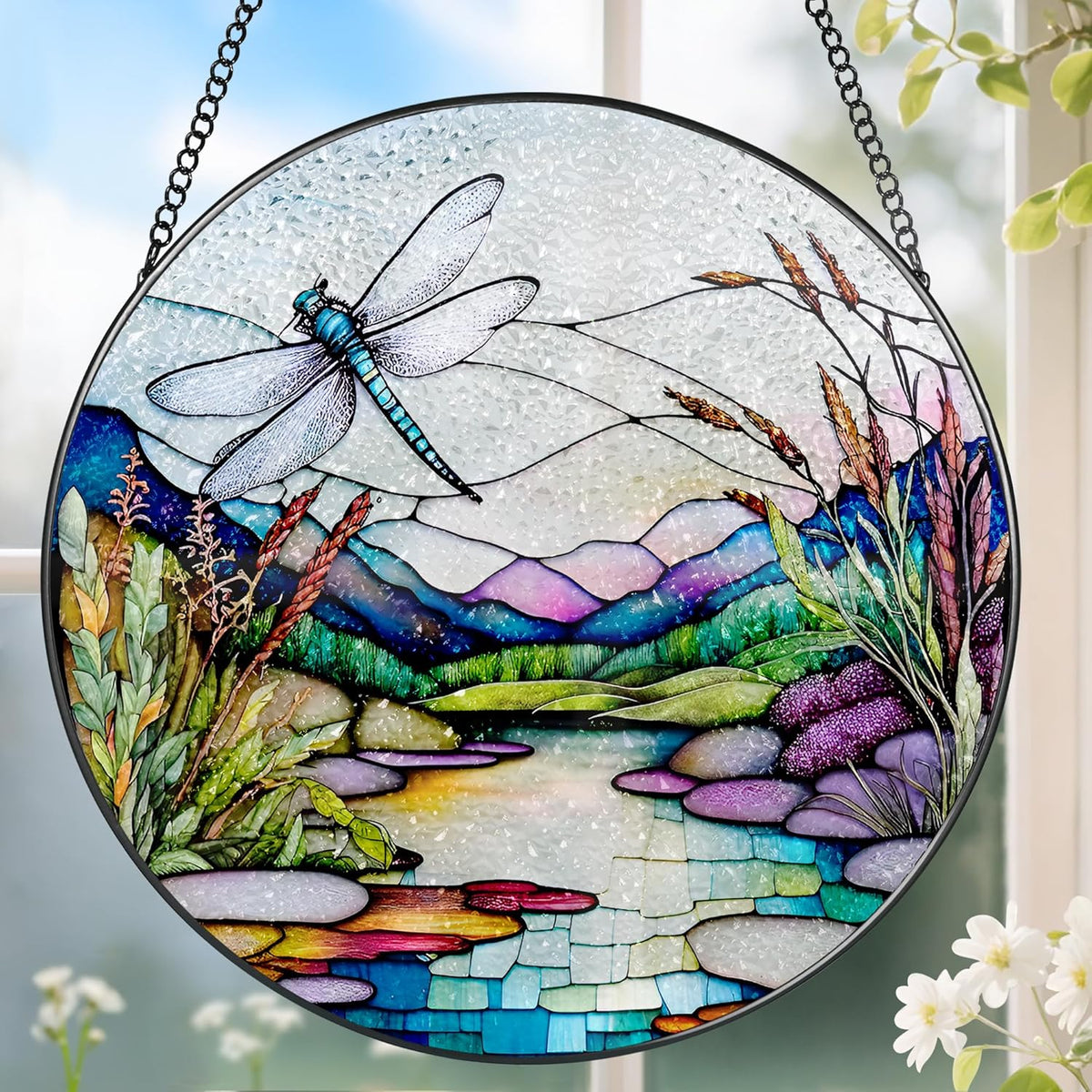 8 Inch Stained Glass Suncatcher Ornament, DOUHASU Dragonfly Sun Catchers Indoor Window, Stained