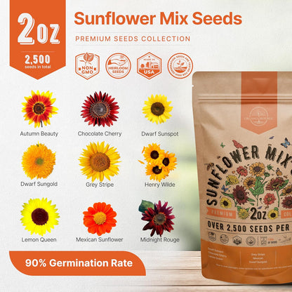 Sunflower Mix Seeds Pack 2 oz - Over 2,500 Non-GMO Heirloom Sunflower Seeds for Planting, Annual