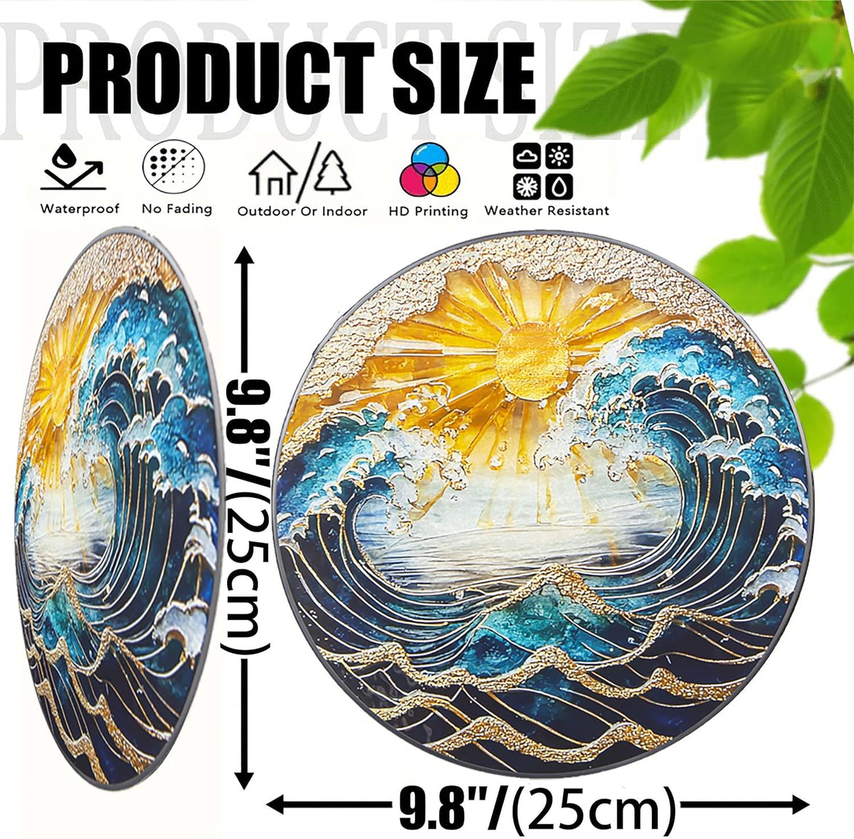 Ocean Wave Sunset Suncatcher Stained Glass Window Hanging - 10" Hand-Painted Sun Catcher Garden