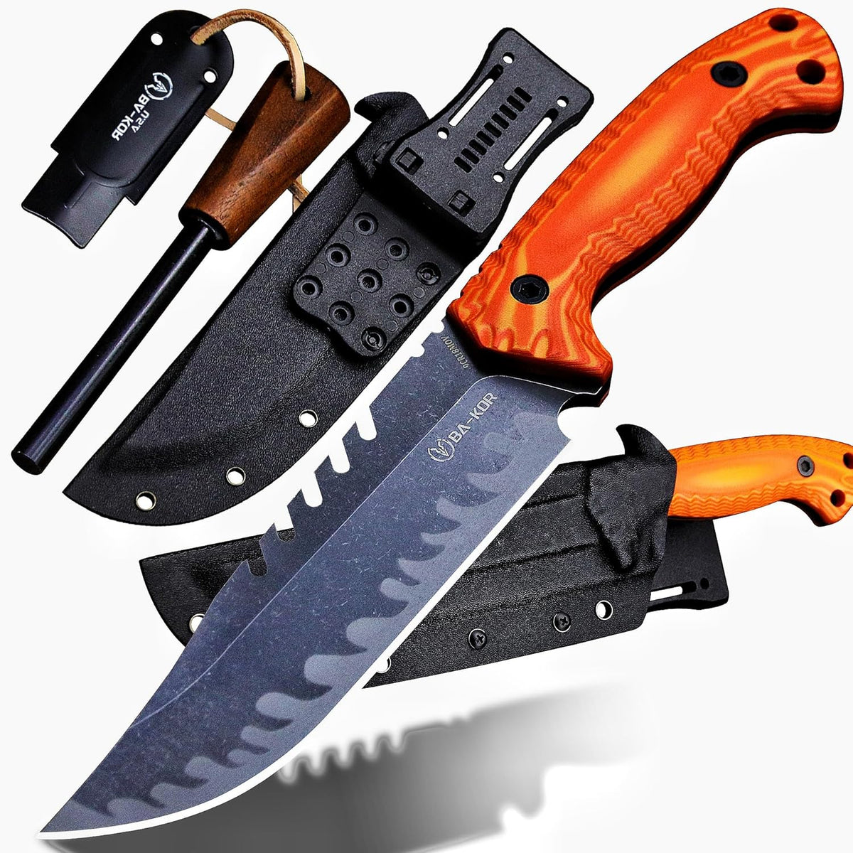 BA-KOR 12.4in Full Tang Fixed Blade Hunting Knife – 6mm 9CR18MoV Steel, G10 Handle, Stonewashed
