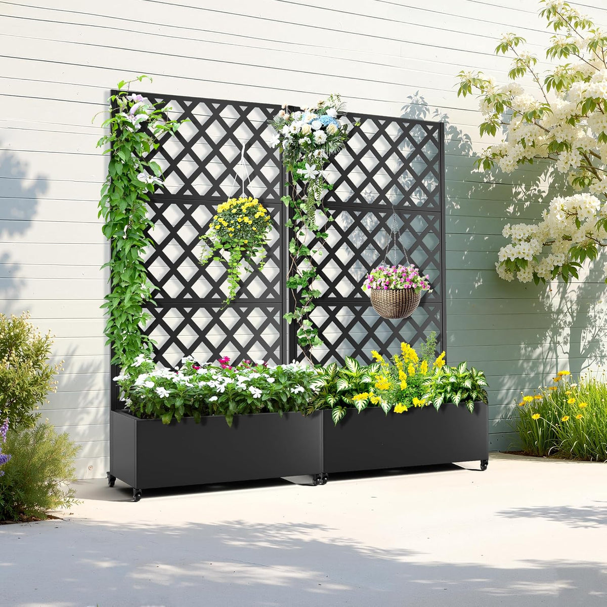 Metal Planter Box with Trellis & Wheels, Raised Garden Bed with Privacy Screen, Outdoor Standing