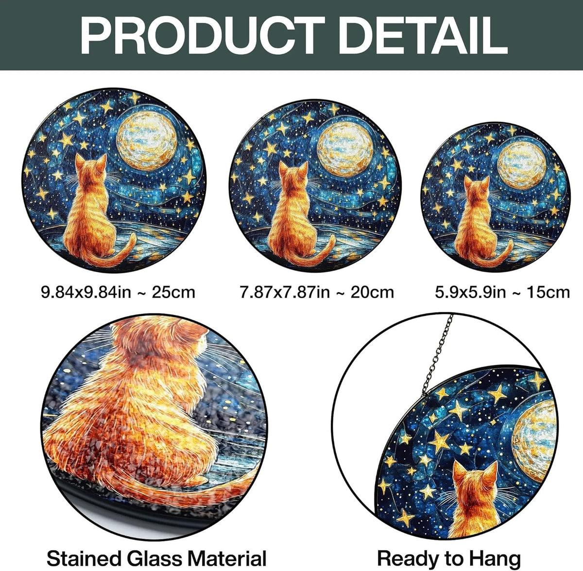 Orange Cat Stained Glass Suncatcher, Starry Night Orange Cat Lovers Gifts Window Hanging Garden