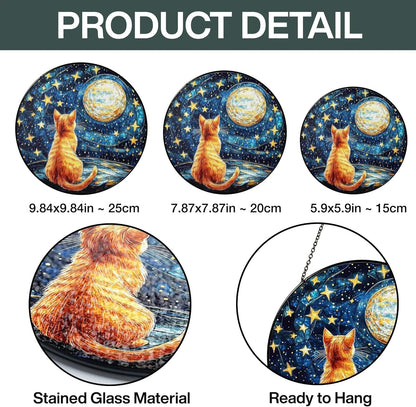 Orange Cat Stained Glass Suncatcher, Starry Night Orange Cat Lovers Gifts Window Hanging Garden