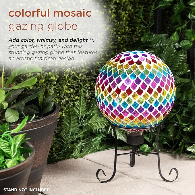 Alpine Corporation - Outdoor Glass Gazing Globe with Mosaic Teardrop Design -10 Inch Diameter