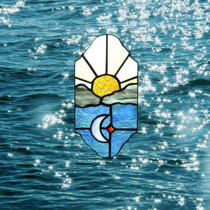 Sun and Moon Suncatchers Decor Stained Glass for Window Hangings,Handcrafted Tiffany Style Stained