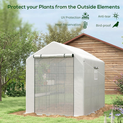 Outsunny 8' x 6' x 7' Walk-in Greenhouse, PE Cover, 4-Tier Shelves, Steel Frame Hot House, Roll-Up