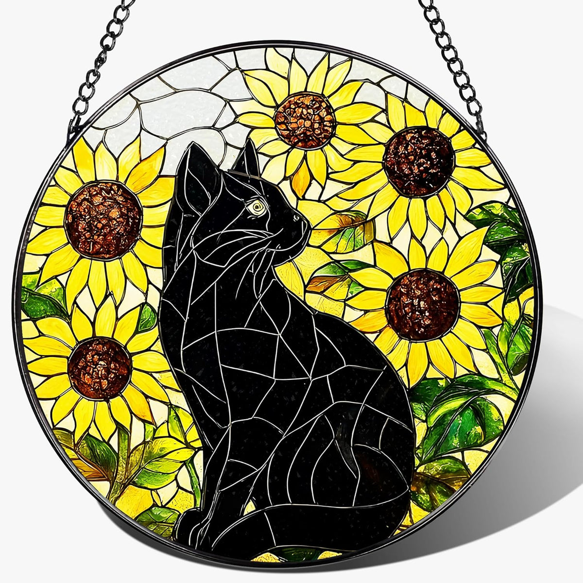 Stained Glass Window Hanging, Pauyadu 8 Inch Sunflower Black Cat Stained Glass Suncatcher, Cats
