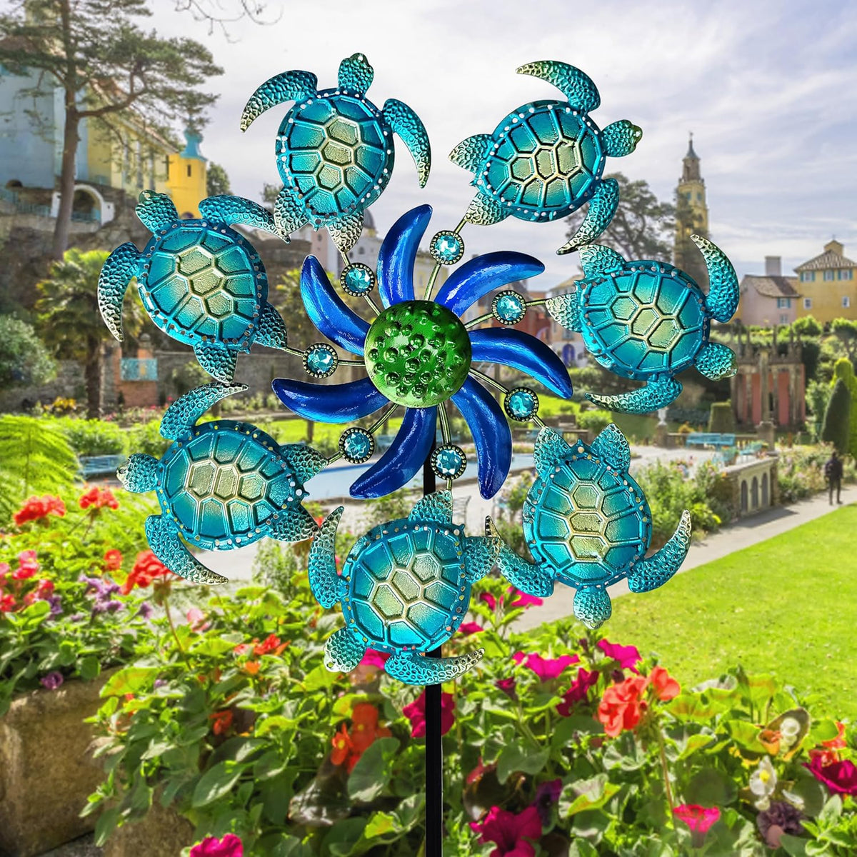 39" Sea Turtle Wind Spinners Garden Stake-Ocean Theme Outdoor Decorations- Metal Stake Yard