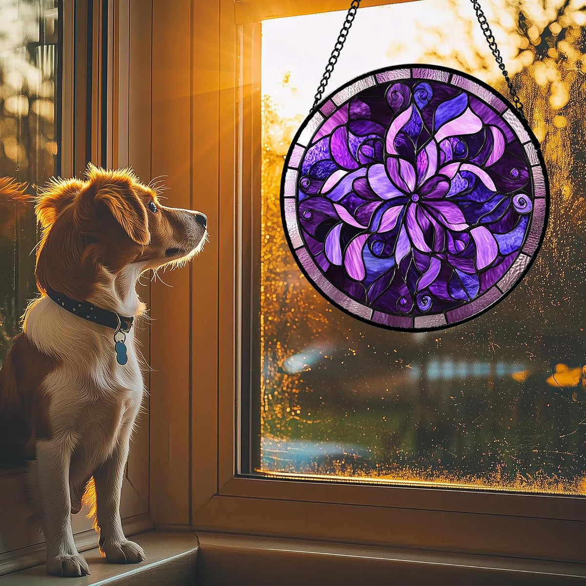 Stained Glass Window Hanging - Purple Abstract Flower Suncatcher for Door Garden Patio Sun Catchers