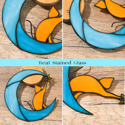 Stained Glass Cat on Moon Pick Star Window Hanging Suncatchers Memorial Gift Decor for Women