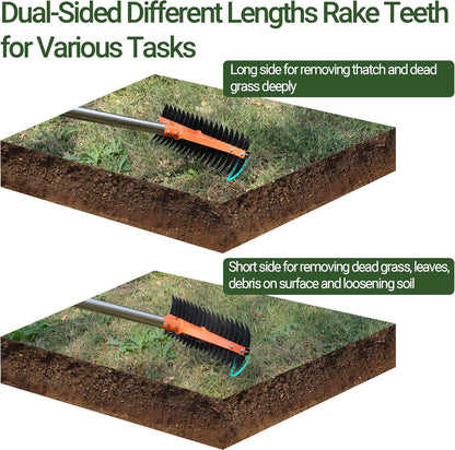 Thatch Rake for Lawns 18 Sharp Tempered Spring Steel Tines Dethatcher Rake Heavy Duty Dethatching