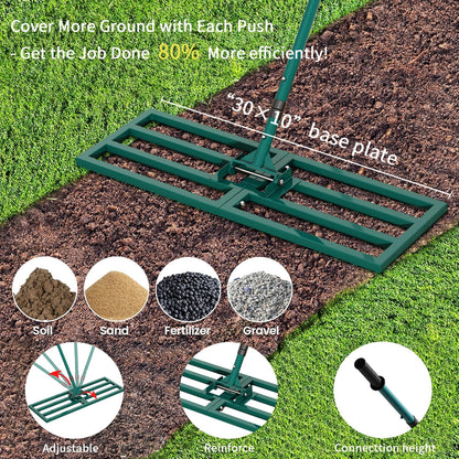 Lawn Leveling Rake Heavy Duty Stainless Steel Lawn Leveling Tool 30”x10” with 78” Adjustable Long