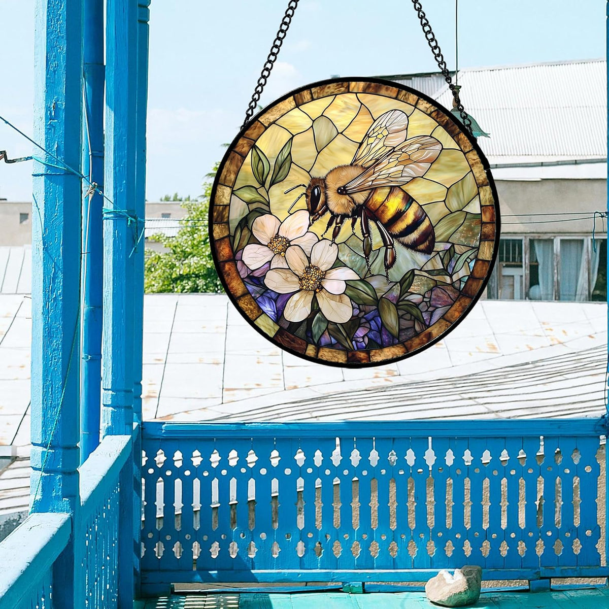 Stained Glass Window Hanging, Vintage Bee Yellow Flower Sun Catcher for Window Door Home Decor