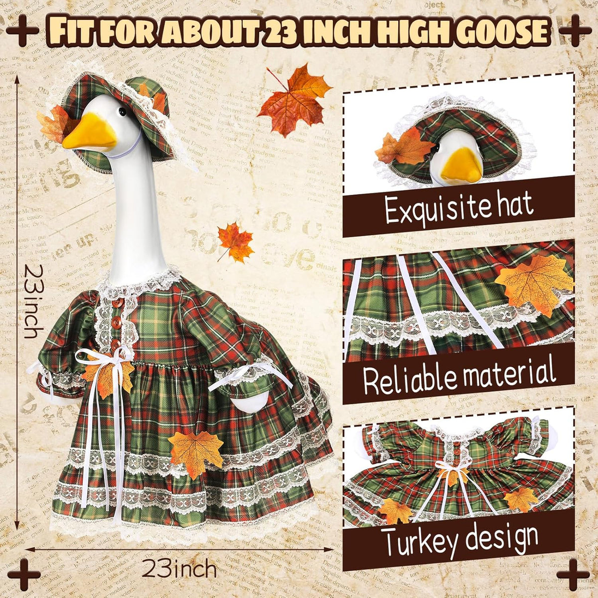 Suzile Fall Porch Goose Outfit Autumn Clothes for 23" High Cement or Plastic Goose Costume Plaid