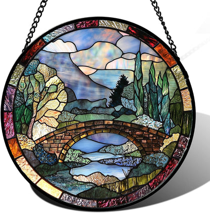 Stained Glass Window Hanging, Blue Landscape Arch Bridge Sun Catcher for Door Home Decor Suncatcher