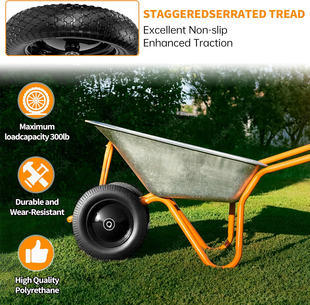 2 PCS 4.80/4.00-8 Flat Free Tire and Wheel, 14.5 Solid Wheelbarrow Tires, 5/8" 3/4" Bearings，3"-7"