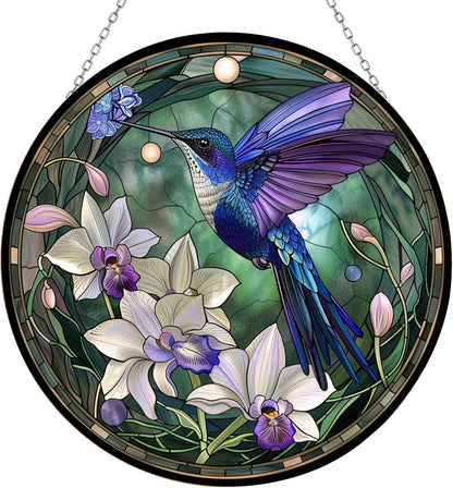 Hummingbird Stained Glass Window Hangings, Cat Butterfly Sunflower Handcrafted Stained Glass