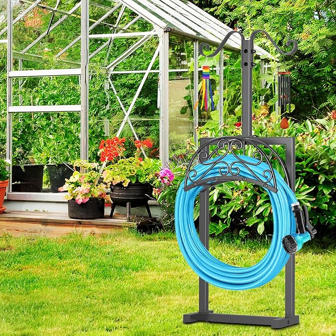 Garden Hose Holder Hanger Freestanding, Upgraded 4 Spikes Heavy Duty Storage Reel Stand with