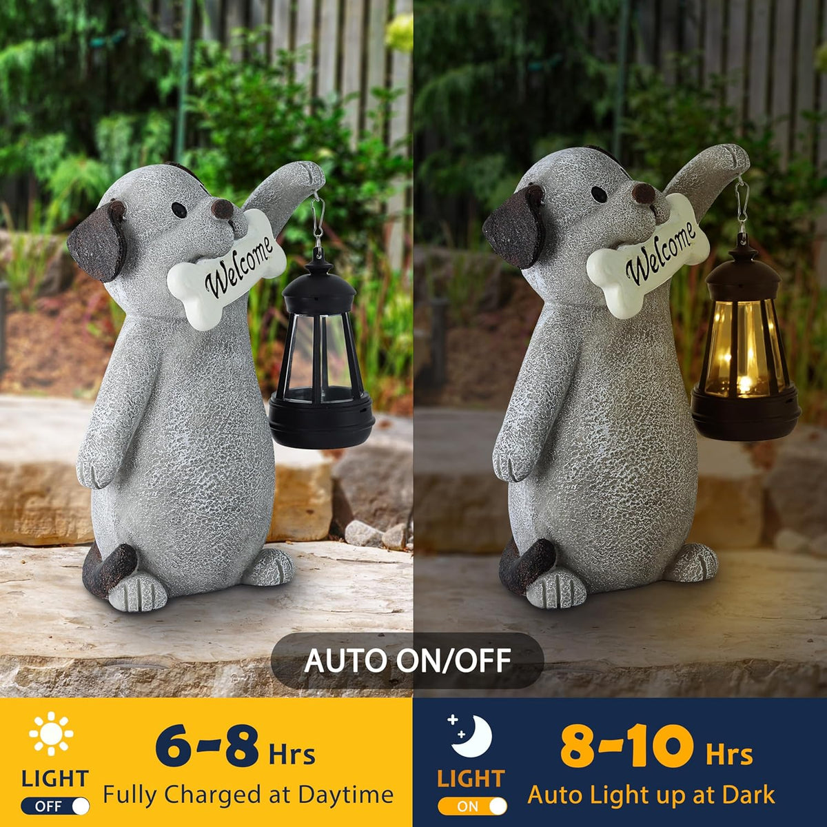 Solar Dog Garden Statue with Lantern Light – 9.2in Outdoor Dog Figurine for Yard Patio Garden
