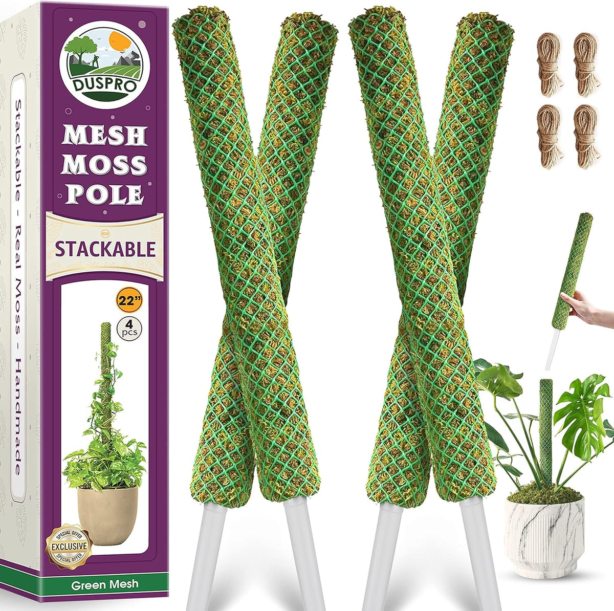 Duspro Green Stackable Mesh Moss Pole for Climbing Vines, Supporting Monstera Trellis, Extendable
