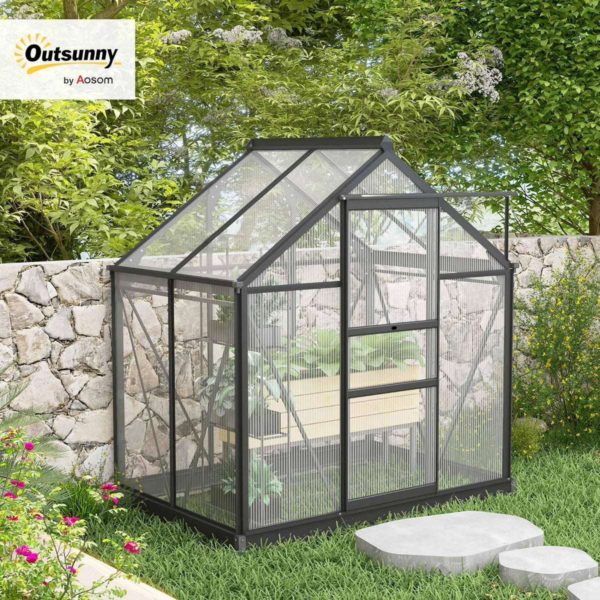 Outsunny 6' x 4' Greenhouse for Outdoors, Polycarbonate Greenhouse with Rain Gutter and Roof Vent