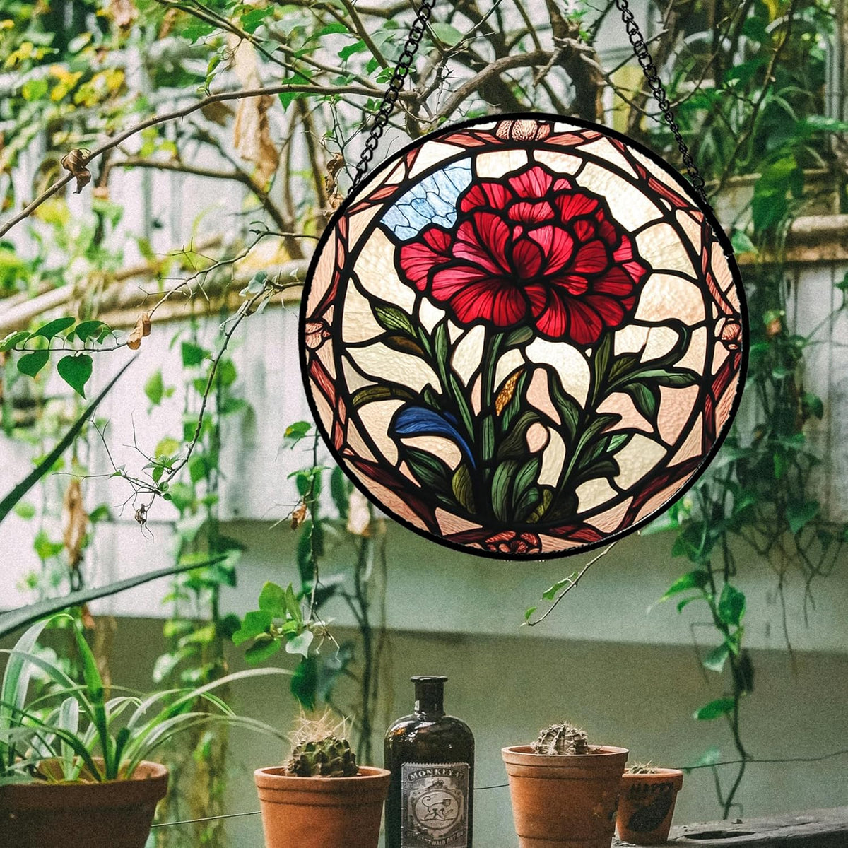 Stained Glass Window Hanging - Red Carnation Birth Flower Sun Catcher for Door Garden Home Decor