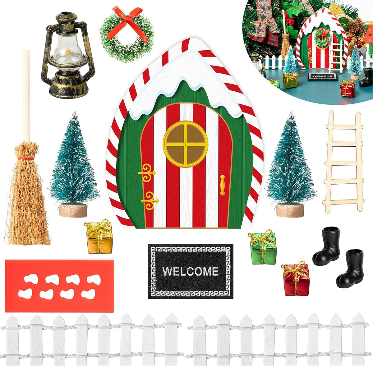 Haooryx Christmas Elf Garden Miniatures - 16Pcs Christmas Wooden Miniature Magic Fairy Doors