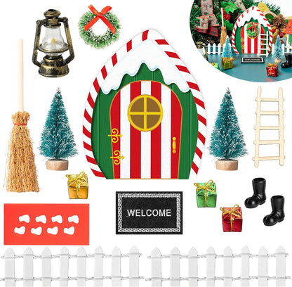Haooryx Christmas Elf Garden Miniatures - 16Pcs Christmas Wooden Miniature Magic Fairy Doors