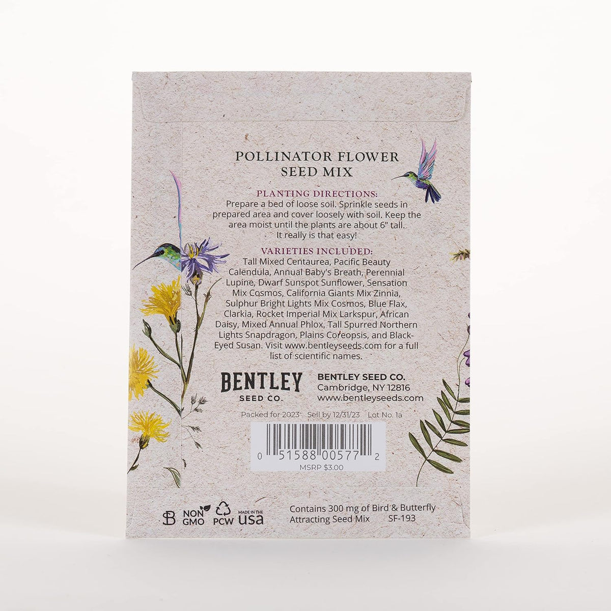 Bentley Seed Co. | Help Pollinators Kraft Hummingbird | 25 Non-GMO, Non-Coated Wildflower Seed