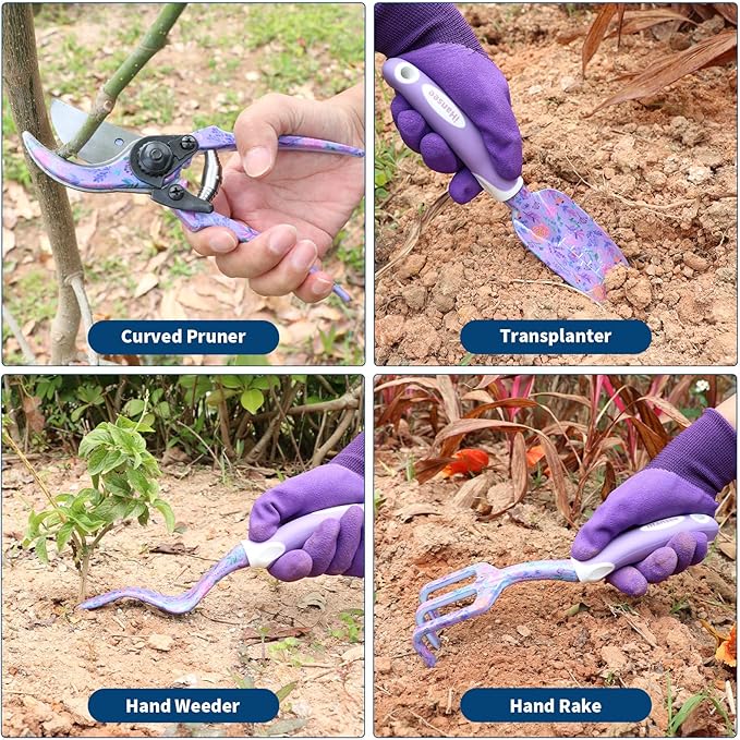 Purple Garden Tool Sets 10-Piece, Aluminum Alloy Steel Hand Tools w/Non-Slip Ergonomic Handle