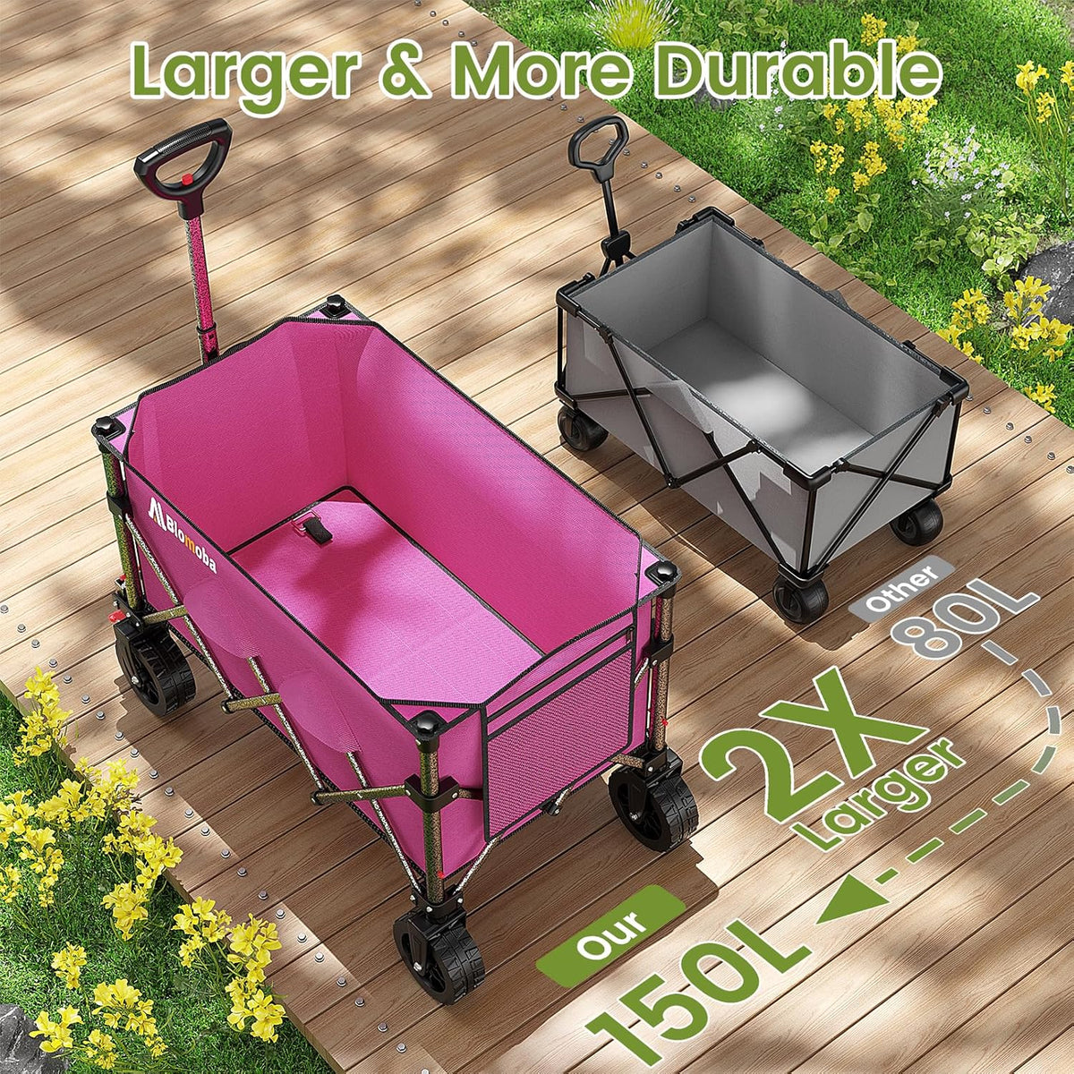 Collapsible Wagon Cart, 150L Heavy Duty Foldable Beach Wagon with Wider Wheels & Auto-Rebound