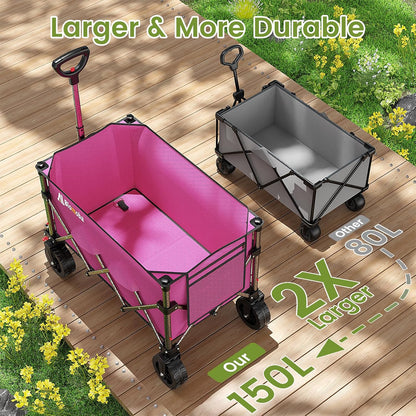 Collapsible Wagon Cart, 150L Heavy Duty Foldable Beach Wagon with Wider Wheels & Auto-Rebound