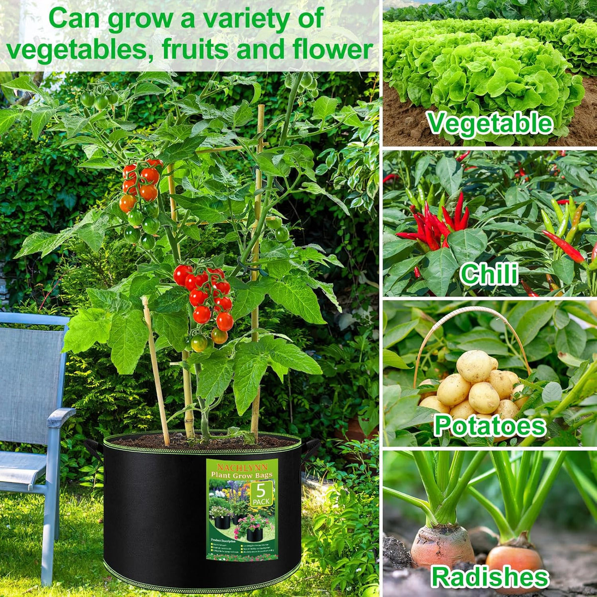 NACHLYNN 5-Pack 15 Gallon Grow Bags Thickened Nonwoven Fabric Pots Heavy Duty Aeration Fabric Pots