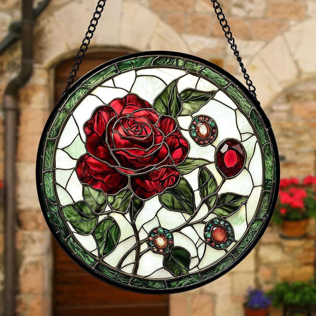 Stained Glass Window Hanging, Red Rose Gemstone Green Sun Catchers Diamond Glass Panel Hangings