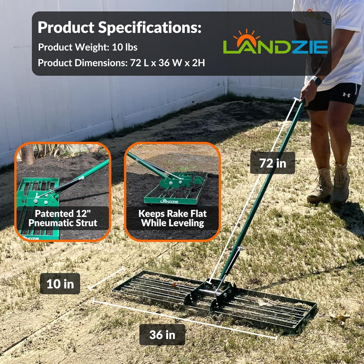Landzie AeroLeveler - The Lawn Leveling Rake That Never Flips - Patented 36 inch Wide Pneumatic