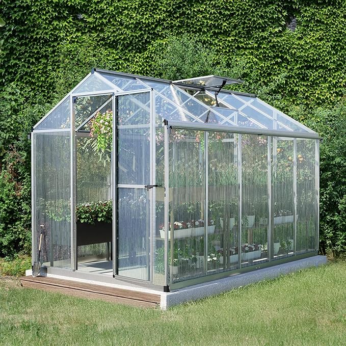 Aoodor 6 x 10 Ft Walk-in Greenhouse with Gutter, Polycarbonate and Heavy-Duty Aluminum Frame