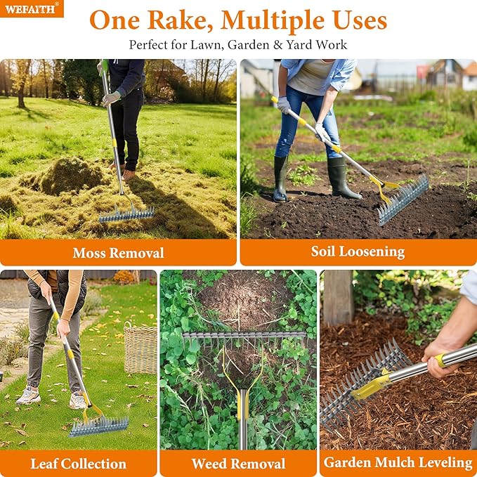 Thatch Rake for Lawns - 15in Dual-Action Dethatching Thatcher Rakes with 55'' Handle,Heavy Duty