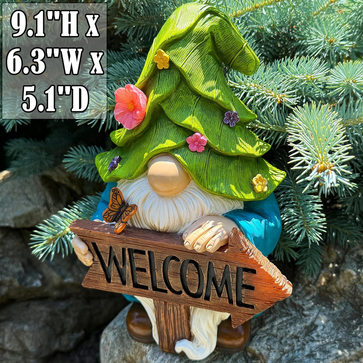 Mood Lab Garden Gnome - Solar Gnome Figurine with Welcome Sign - 9.1 Inch Decor Outdoor Lawn Statue