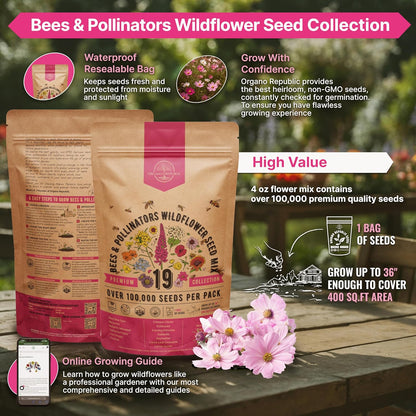 Organo Republic 19 Annual & Perennial Wildflower Seeds Mix for Indoor and Outdoors, Attract Bees &